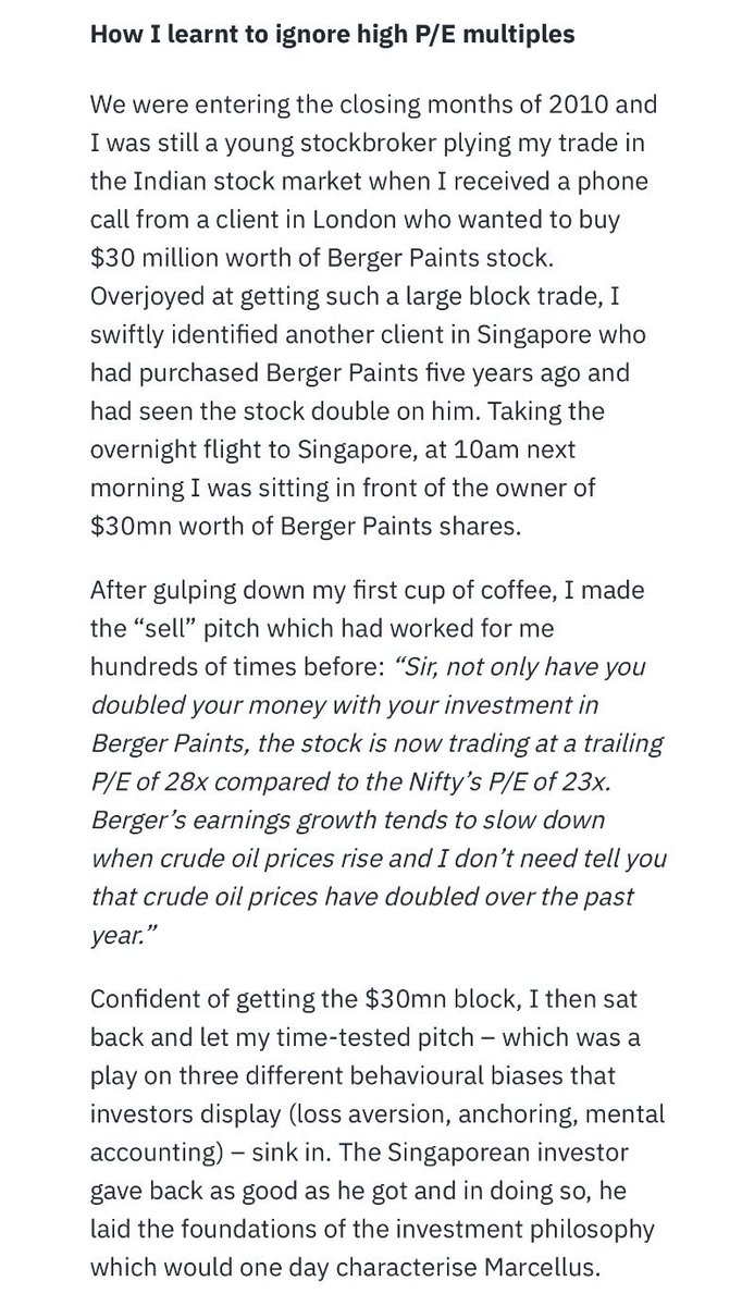 Ronitper's tweet image. Saurabh Mukherjea’s (Marcellus) meeting with Pulak Prasad (Nalanda Capital) in 2010

Saurabh wanted Pulak to sell $30 Million worth of Berger Paints. 

However, Pulak with his astonishingly wonderful simple argument - denied the deal.

Result- $300 Million plus gains for Nalanda.
