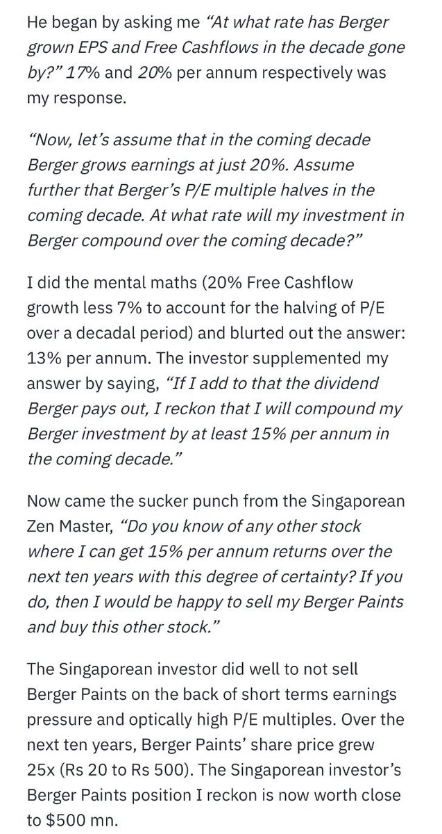 Ronitper's tweet image. Saurabh Mukherjea’s (Marcellus) meeting with Pulak Prasad (Nalanda Capital) in 2010

Saurabh wanted Pulak to sell $30 Million worth of Berger Paints. 

However, Pulak with his astonishingly wonderful simple argument - denied the deal.

Result- $300 Million plus gains for Nalanda.