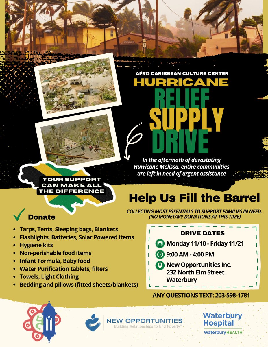 Waterbury HEALTH is helping our community partners as they fundraise to help victims of Hurricane Melissa. Here are two opportunities to help. #HurricaneMelissa, #help, #rebuild, #future