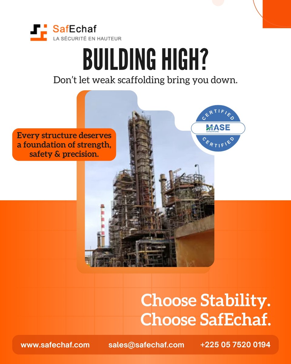 safechaf's tweet image. Building high starts with building safe.
At @safechaf , we provide certified, reliable, and precision-engineered scaffolding that keeps your projects stable from the ground up.
Choose strength. Choose safety. Choose SafEchaf.

#SafEchaf #ScaffoldingSolutions #ConstructionSafety