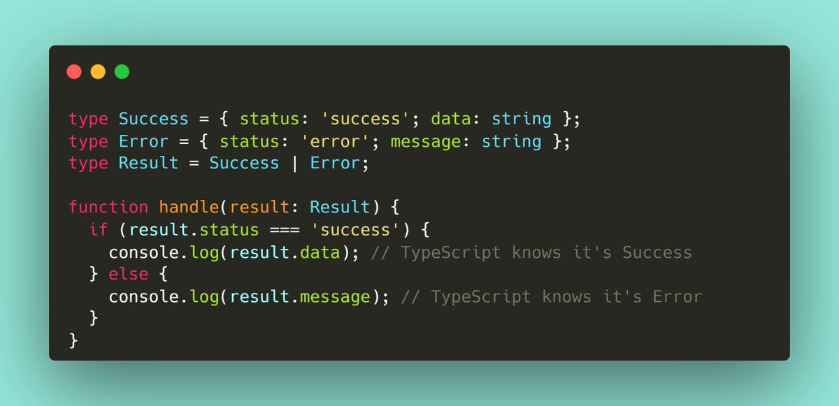 FlowHaa's tweet image. Today I learned about discriminated unions as a powerful pattern in TypeScript: 

A common property (the &quot;discriminant&quot; - here status) helps TypeScript narrow types automatically. 

Once you check result.status, TypeScript knows exactly which properties are available.