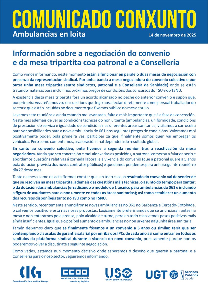 📝 Comunicado conxunto sobre as negociacións do convenio galego de ambulancias e da mesa tripartita (sindicatos, patronal e Consellería) para tratar dos novos concursos. Seguimos! #AmbulanciasenLoita