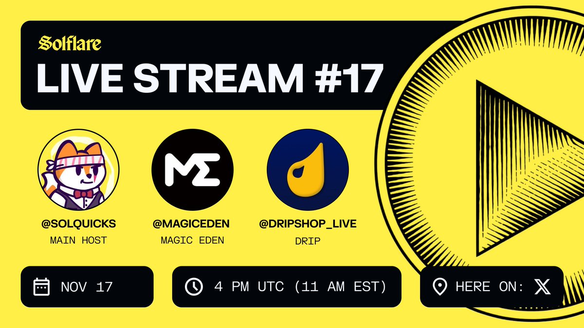 Live and loud on Monday!

Solflare Live #17 ft. <a href="/MagicEden/">Magic Eden 🪄</a> &amp; <a href="/dripshop_live/">Drip</a> bringing alpha and top-tier vibes. Hosted by your favorite fox <a href="/solquicks/">quicks | Solflare</a>!

🗓️ Nov 17
⏰ 4 PM UTC (11 AM EST)
📍 Right here on X 👇

x.com/i/broadcasts/1…

Set up your reminders! 🔔