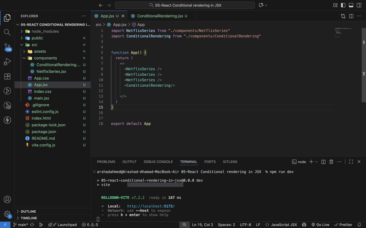 ArashadAhamad10's tweet image. Day 154 of #200DaysOfCode
Learning #ReactJS
🔹 Conditional Rendering
• Ternary Operator
• AND / OR Short-Circuit
• Truthy &amp;amp; Falsy
• JSX Rules + Expressions

🔹 Import &amp;amp; Export 
• Default Export
• Named Export
• Mixed Export
• Auto Import in VS Code
#Frontend  #WebDev