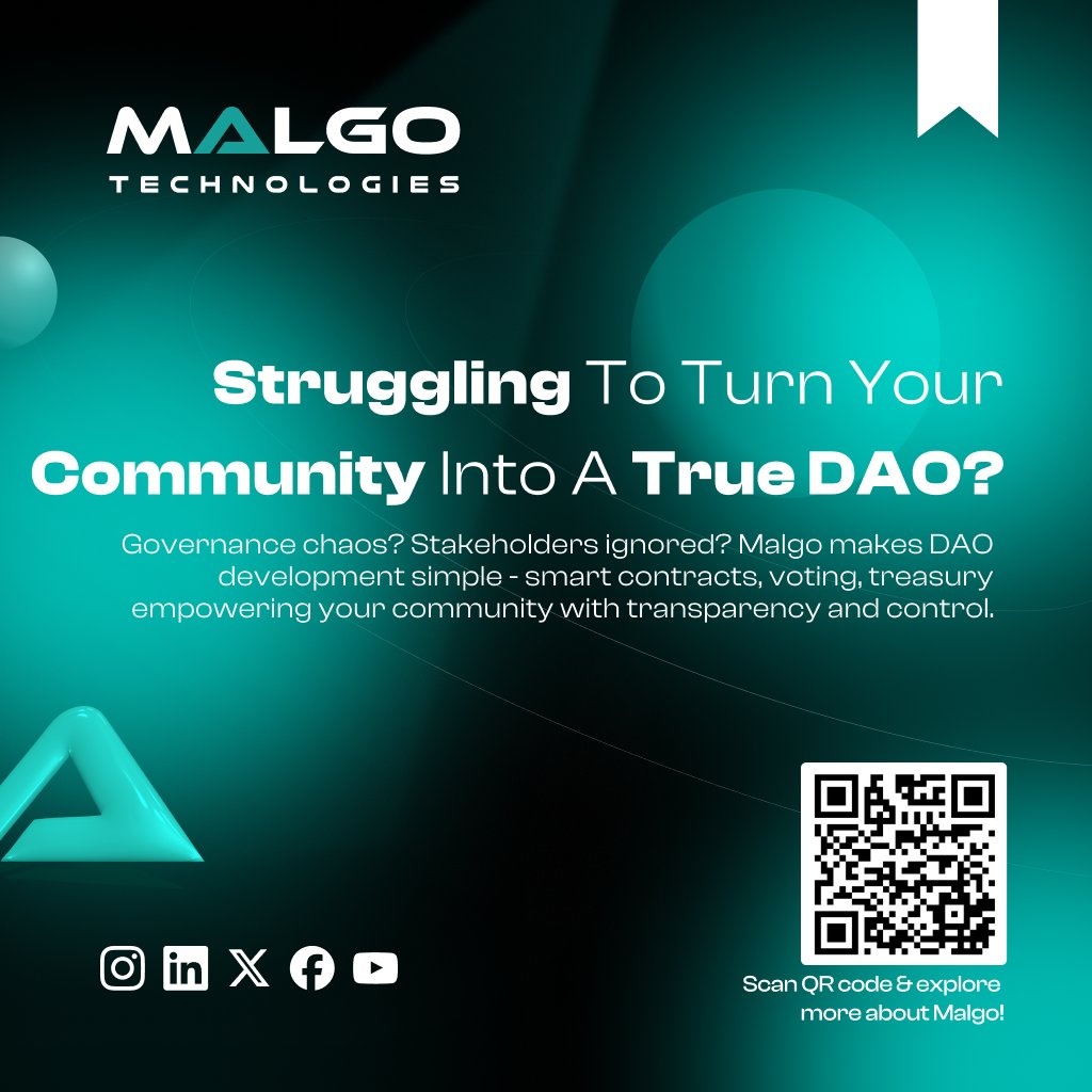 malgotech's tweet image. Projects fail when governance is centralized or participation drops. #Malgo builds on-chain DAOs with transparent voting, secure treasuries &amp;amp; automation that turns members into decision-makers. 🔗malgotechnologies.com/dao-development

#DAODevelopment #Web3Community   #TreasuryManagement
