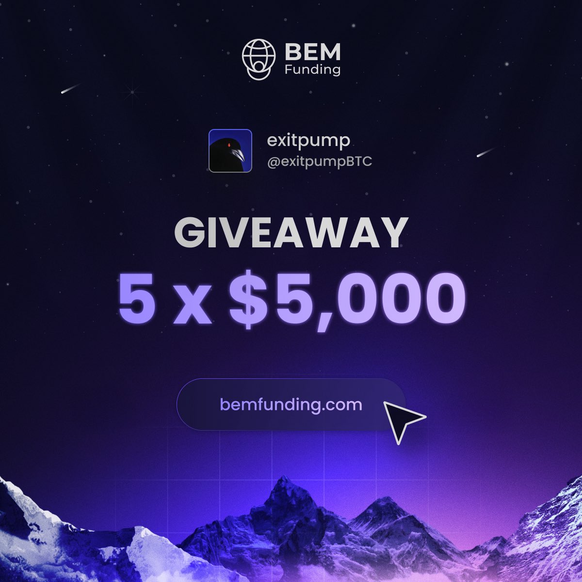 exitpumpBTC's tweet image. 5×5K CHALLENGE ACCOUNT GIVEAWAY 

We are giving away 5 challenge accounts for FREE

How to enter:

1️⃣ Follow me and @BemFunding 
2️⃣ Like &amp;amp; Repost this post
3️⃣ Tag 1 trader/friend 

Winners will be announced on Monday.

Good luck!