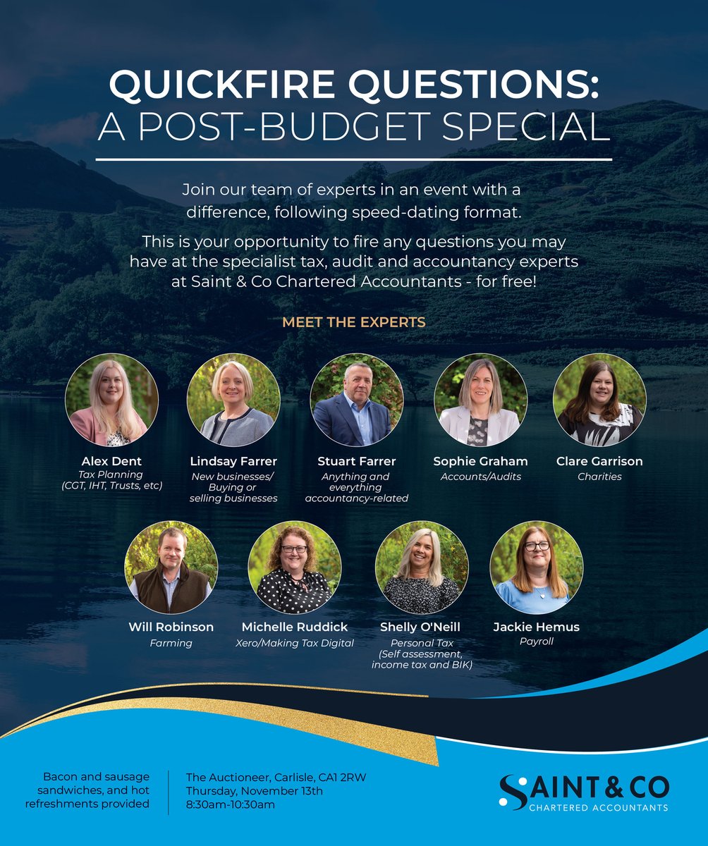 Take the opportunity to fire any questions at our specialist tax, audit and accountancy experts - for FREE.

Wednesday 3rd December 8.30 am - 10.30 am at The Auctioneer, Carlisle.

For more information and to register your place go to: eventbrite.co.uk/e/quickfire-qu…
