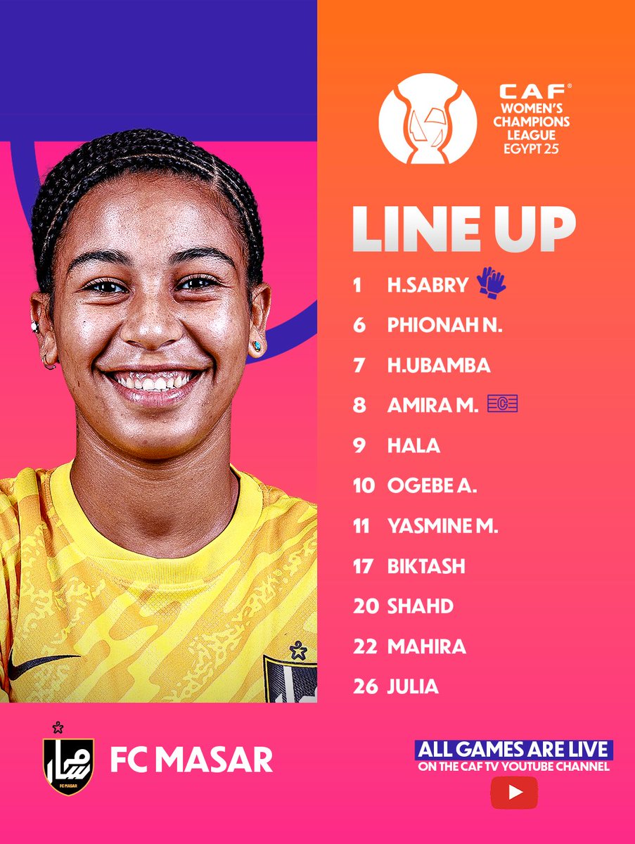📋 The Starting Elevens 📋

Lineups are out! USFAS and FC Masar are ready to kick things off. 🤝

All the #CAFWCL2025 matches are 𝐋𝐈𝐕𝐄 on CAF TV YouTube channel. 🚨