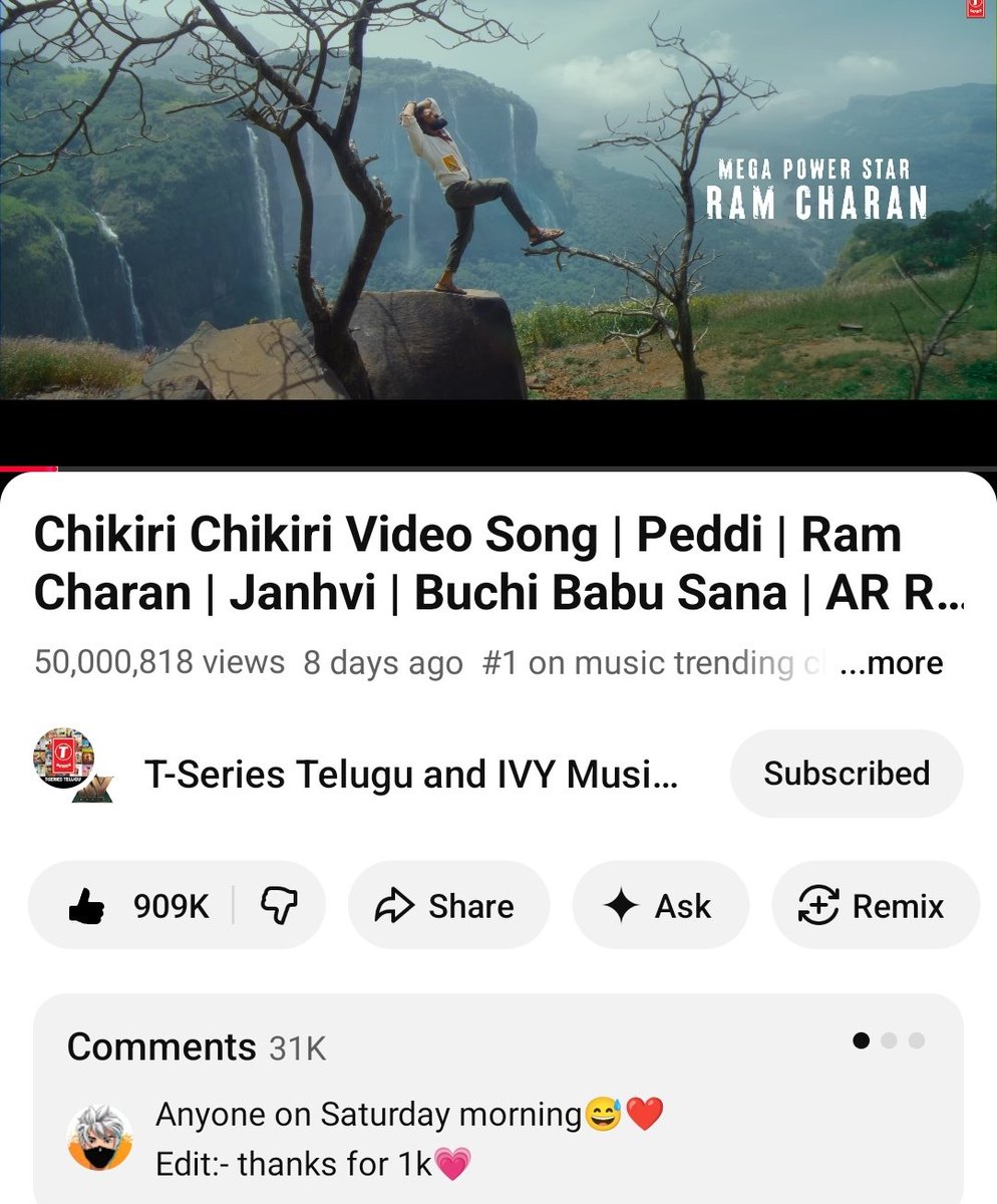TeamCharanERA's tweet image. 5️⃣0️⃣ Million Views in 8️⃣ Days 🔥 

Sensational #ChikiriChikiri 💥

youtu.be/vVDp1ulBKIk?si…

#Peddi @AlwaysRamCharan