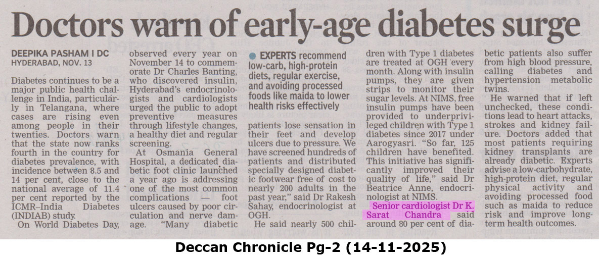 JayanthiHsptls's tweet image. We are honoured to receive wide press coverage for our World Diabetes Day event. Leading English and Telugu dailies, including Deccan Chronicle, The Pioneer, Eenadu, and Nava Telangana, showcased our commitment to spreading diabetes awareness.
#WorldDiabetesDay #PressCoverage