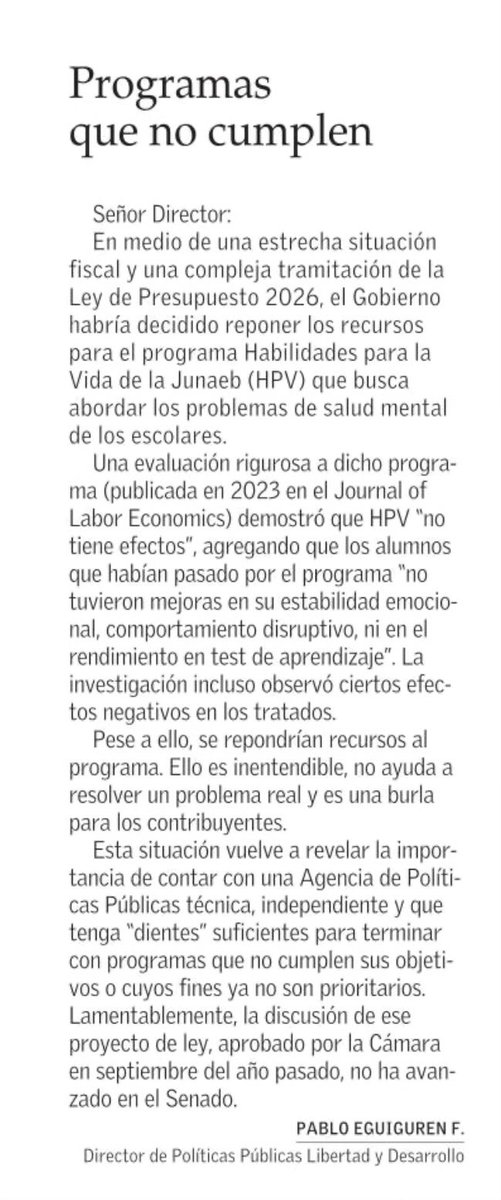 simonpintof's tweet image. Muy buena carta de Pablo Eguiguren hoy: los programas públicos más evaluados no deben recibir más recursos. La creación de la Agencia Evaluadora de políticas públicas podría ser de GRAN ayuda.