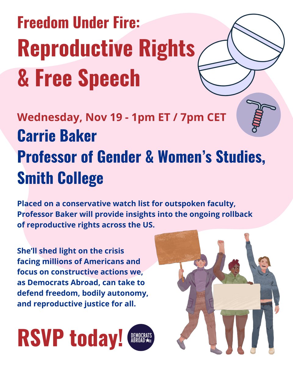 DemsAbroadFR's tweet image. Hear from a Smith College professor targeted for her outspokenness on #ReproRights, the forced-birth landscape in the US right now, and how we can fight from abroad to save abortion access.

Wednesday, Nov 19, 7pm Paris time. RSVP 👇

democratsabroad.org/wc_freedom_und…