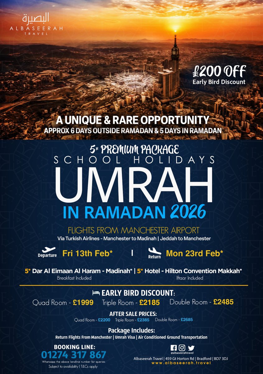 🌙✨ EXCLUSIVE ANNOUNCEMENT ✨🌙

We’re thrilled to reveal some truly exciting news!

Our February Albaseerah Umrah Package for 2026 — perfectly timed with the school holidays and Ramadan — is now officially confirmed.