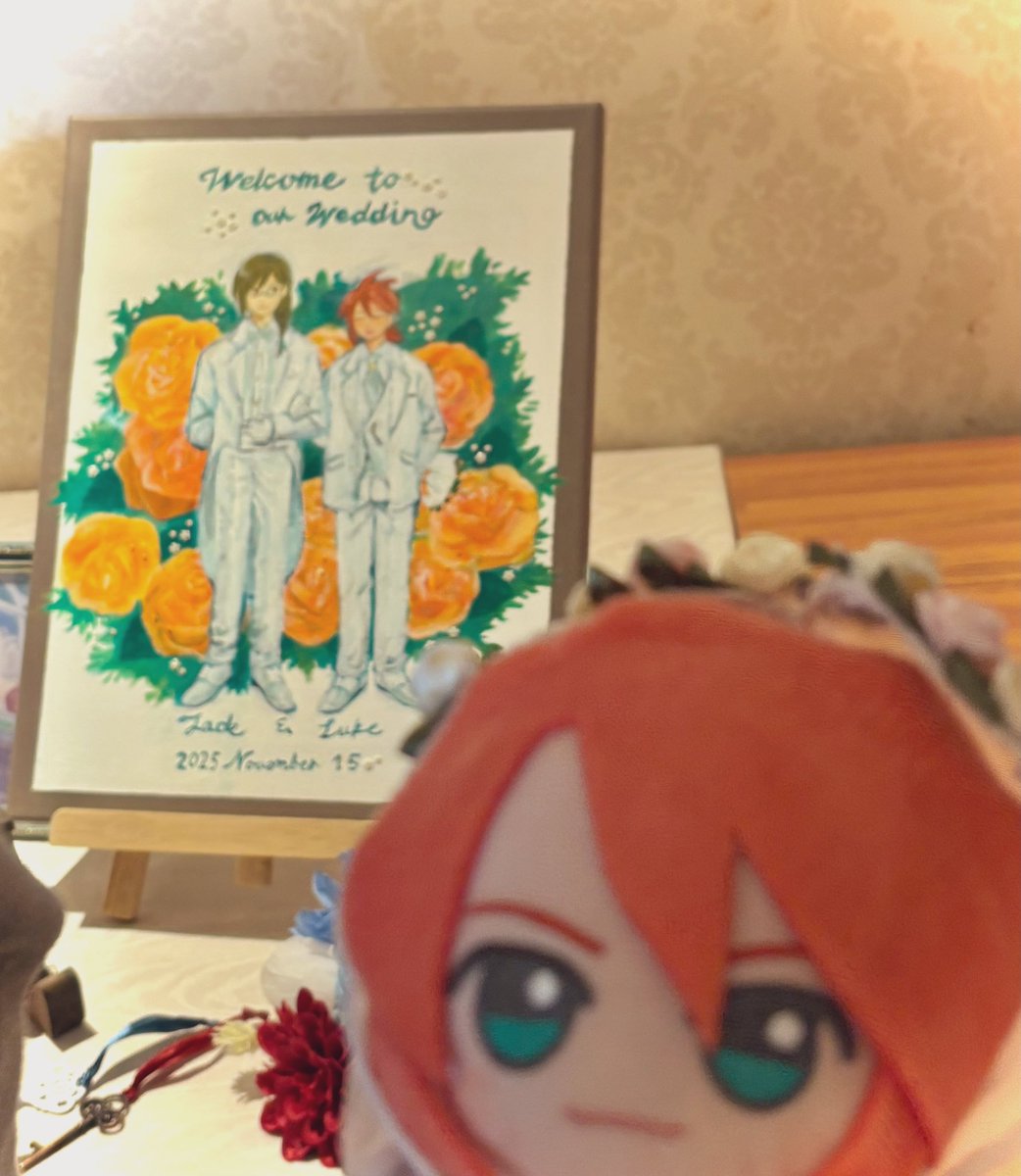 ukaukao's tweet photo. 撮らせていただいたお写真の一部✨会場全部素敵だった〜！ぬいちゃんの撮影スペースも本当にかわいくて…ケーキ入刀できるのアツすぎます🎂🗡️💙❤️   👏😭
#JL披露宴オフ会2025 https://t.co/gmBYmgSFyn