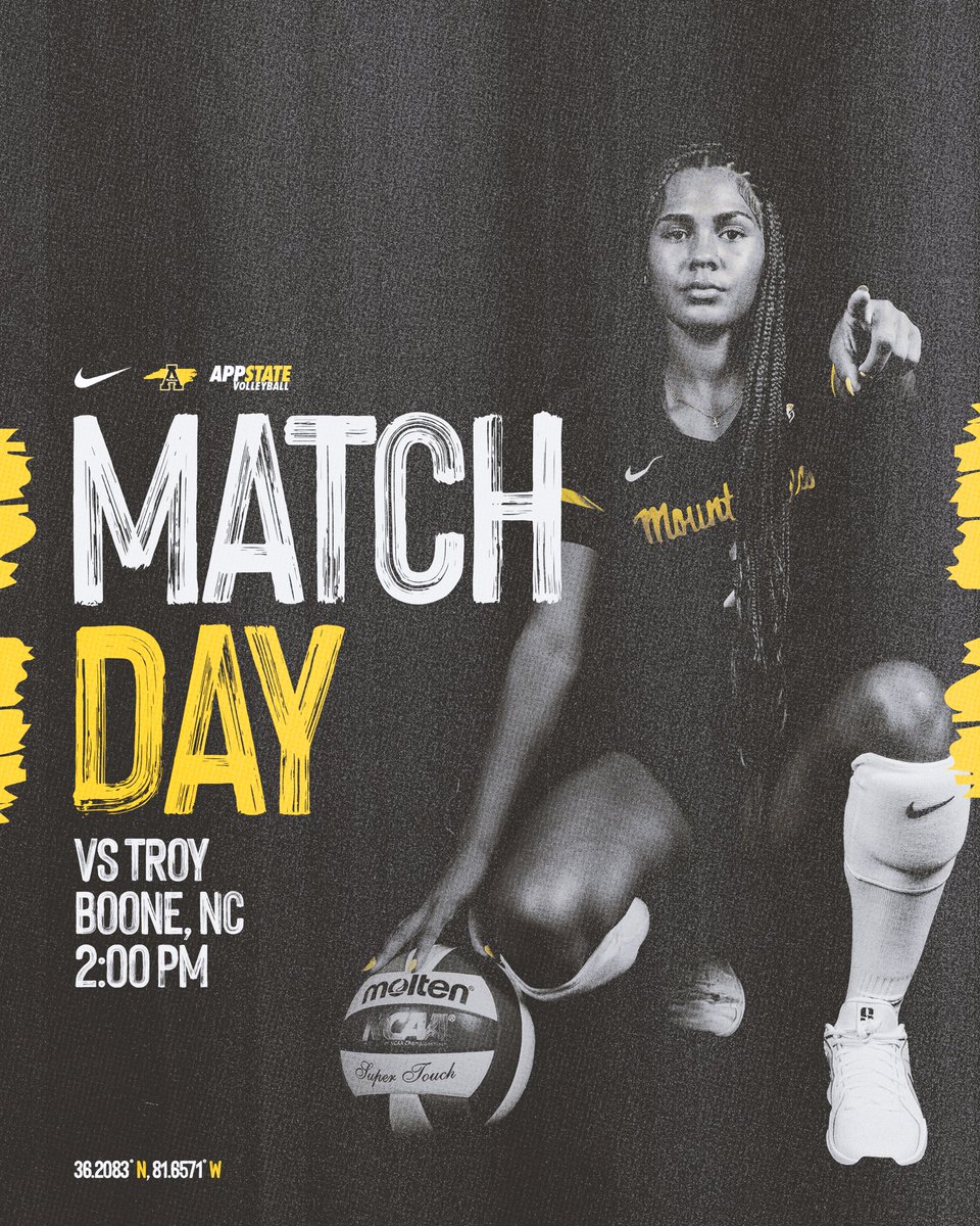 AppStateVB's tweet image. ▪️🟡 𝙈𝘼𝙏𝘾𝙃 𝘿𝘼𝙔 🟡▪️
🆚 Troy
📍Boone, N.C.
🏟 Holmes Center 
⌚️2 p.m. 
📊Live Stats: goapp.st/4ozE1iq
📺ESPN+: goapp.st/47DaFd
🎟️: goapp.st/2025_Volleybal…
🏐Milestone Recognitions 
✍️Postgame Autographs

#OverTheTop