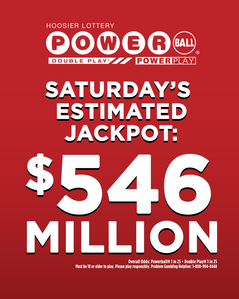 🚨 Jackpot alert! 🚨 The Powerball® jackpot is at an estimated $546 MILLION! Grab your ticket for tonight's drawing and add a little play to your day! 🔥

Download the Hoosier Lottery app to build your Digital Playslips at HoosierLottery.com/app