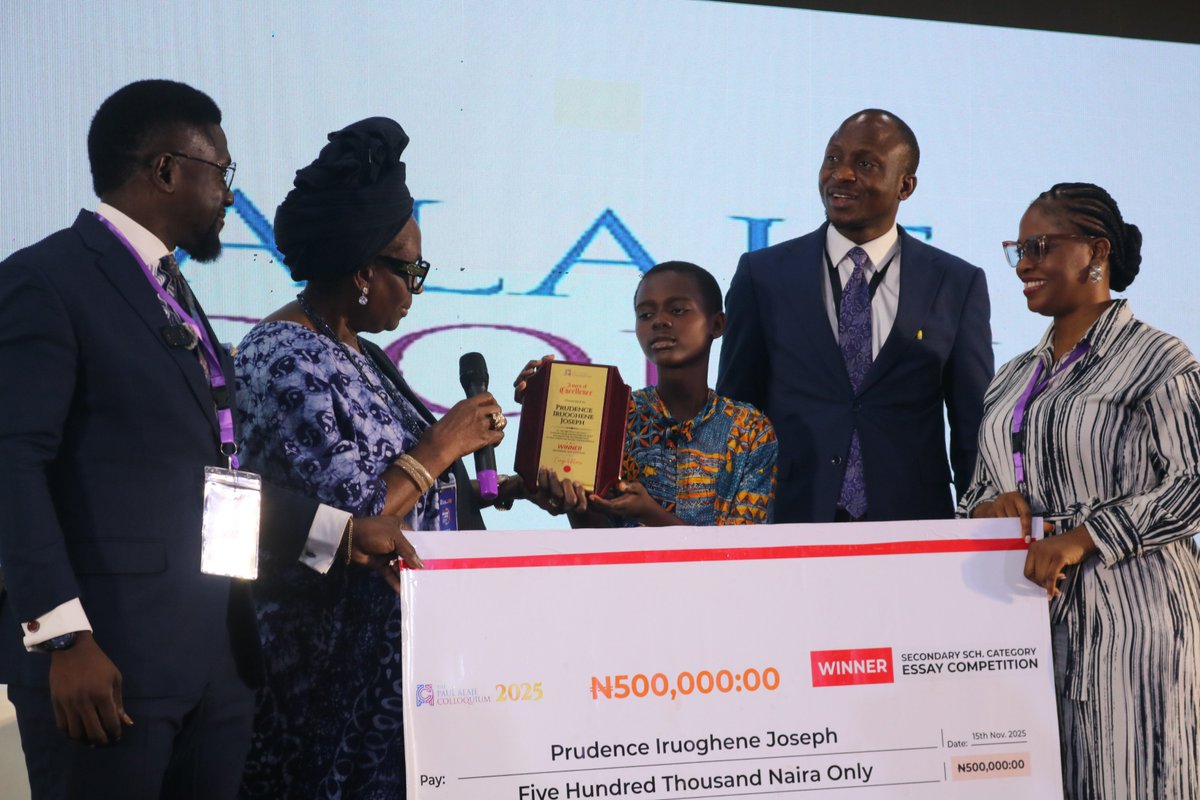 TPAColloquium's tweet photo. A big congratulations to Prudence Iruoghene Joseph, our Secondary School essay competition champion! She received a ₦500,000 prize and an Award of Excellence for her outstanding submission. @PaulAlaje 
#BreakingTheCycle2025 #NigeriaLeadsAfrica #TPAColloquium2025 #BeTheChange https://t.co/Dww3ckD6BL