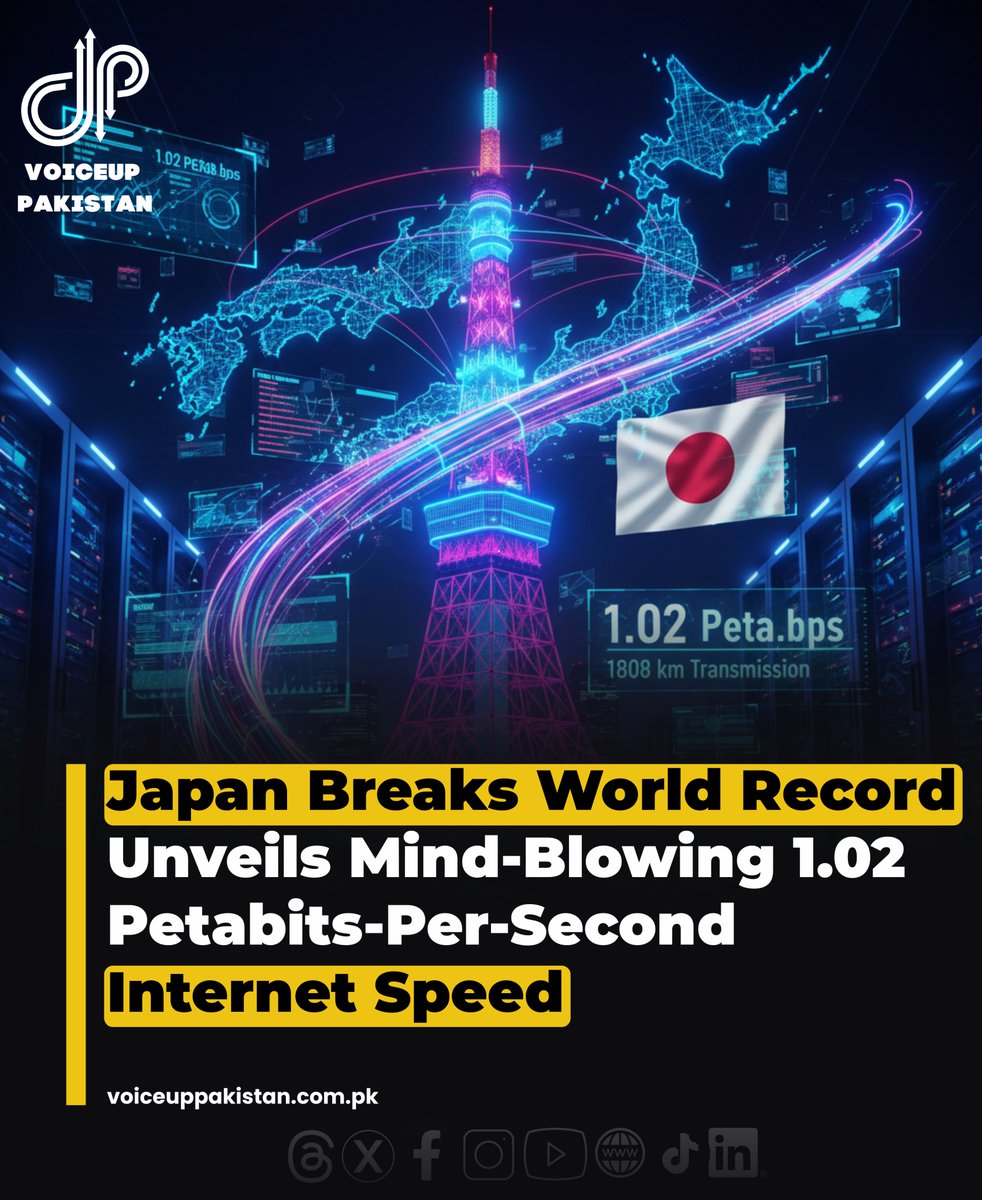 VoiceupPakistan's tweet image. Japan has officially shattered global internet speed records, achieving a groundbreaking 1.02 petabits per second data transmission an achievement once thought impossible. 
#JapanInternetRecord #TechnologyNews #GlobalTech #NICT #FiberOptics #PetabitSpeed #FutureInternet