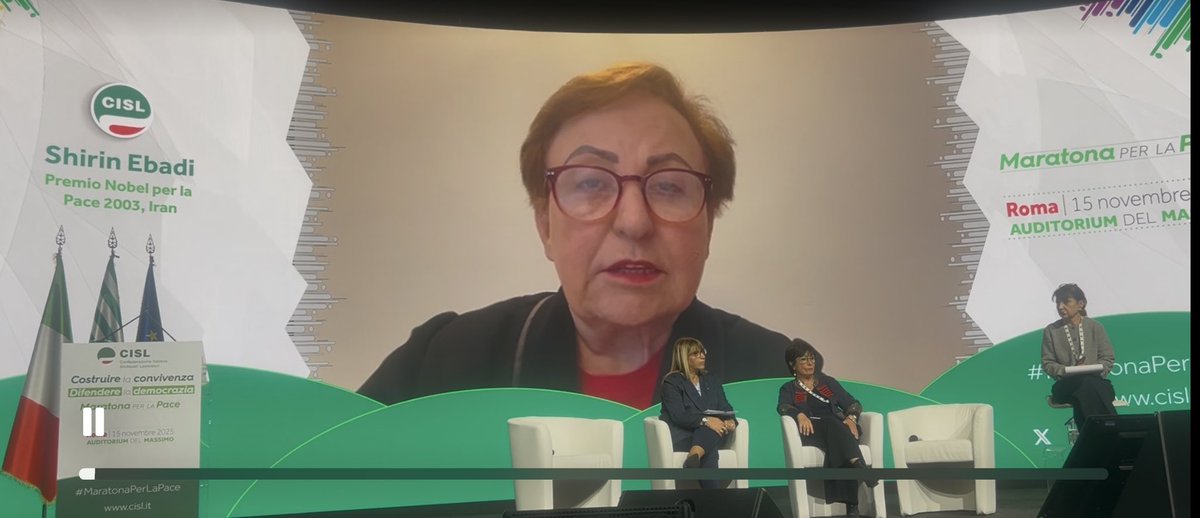 CislNazionale's tweet image. “L’Iran sta affrontando una grave crisi economica che ha spinto il 35% della popolazione sotto la soglia di povertà. Io qui oggi chiedo a tutti di non sostenere il dittatore perché i giovani torneranno a mobilitarsi e riporteranno in Iran la libertà”: Shirin Ebadi, Premio Nobel…