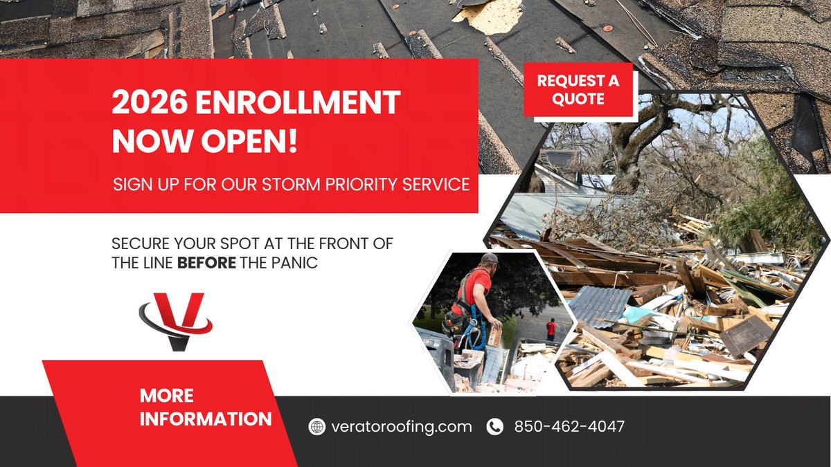 VeratoRoofing's tweet photo. Hurricane Season 2025 is over. Enrollment for our 2026 Pre-Storm Priority Service is NOW OPEN. 
🛡️ Secure your spot at the front of the line before the panic. 
#HurricanePrep #PriorityService https://t.co/CDdjBjeKbZ