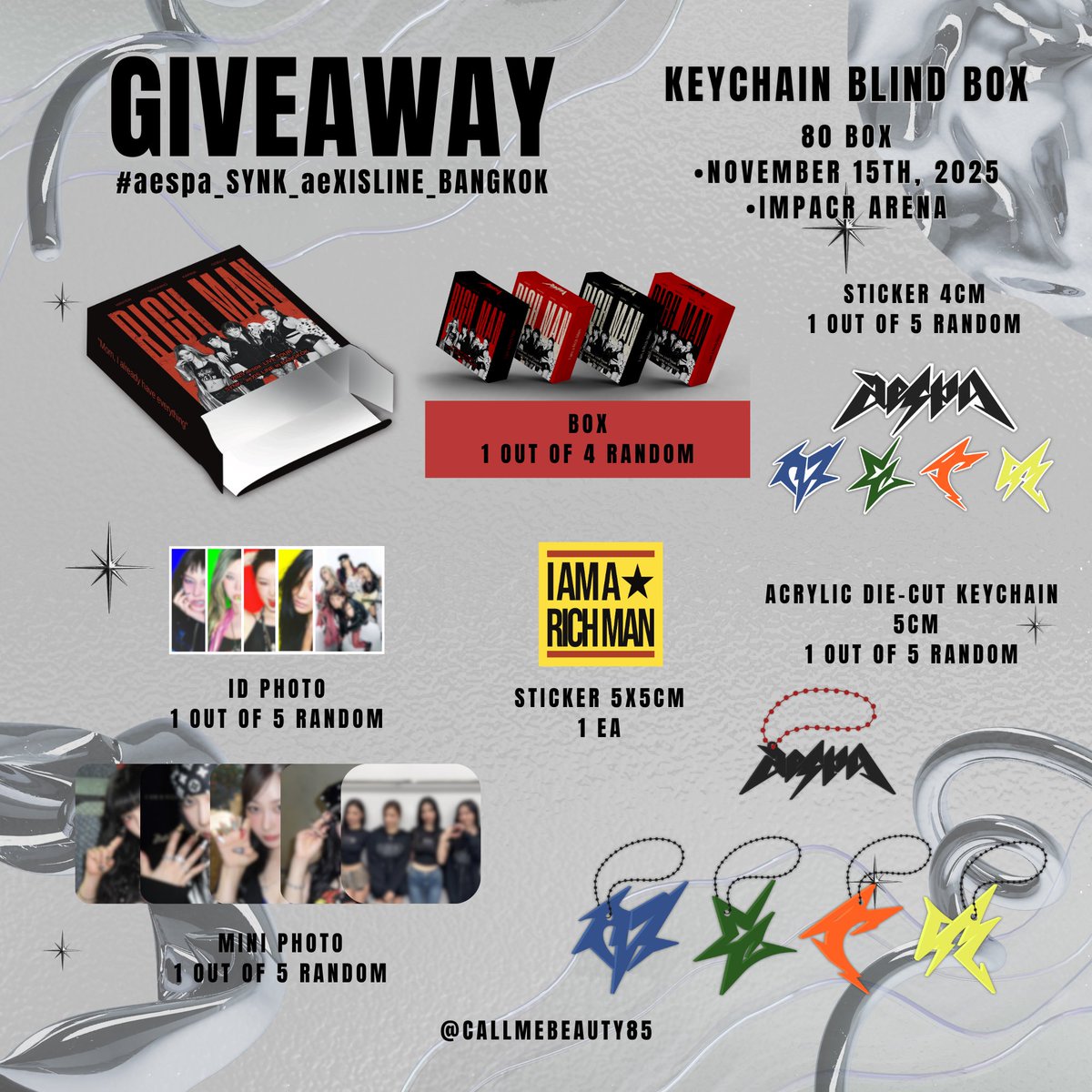 callmebeauty85's tweet photo. ♡☆ Giveaway for Mys ☾ꕤ

˚₊‧꒰ა  by @callmebeauty85 ໒꒱ ‧₊˚

— KEYCHAIN BLIND BOX —
                     80 EA

📅 NOV 15th, 2025
📍 Impact Arena
 ⏰: 15.30 PM

- pls rt &amp; show this tweet -

#aespa_SYNK_aeXISLINE_BKK
#aespa_SYNK_aeXISLINE_BANGKOK https://t.co/Gc9gMUwbT3