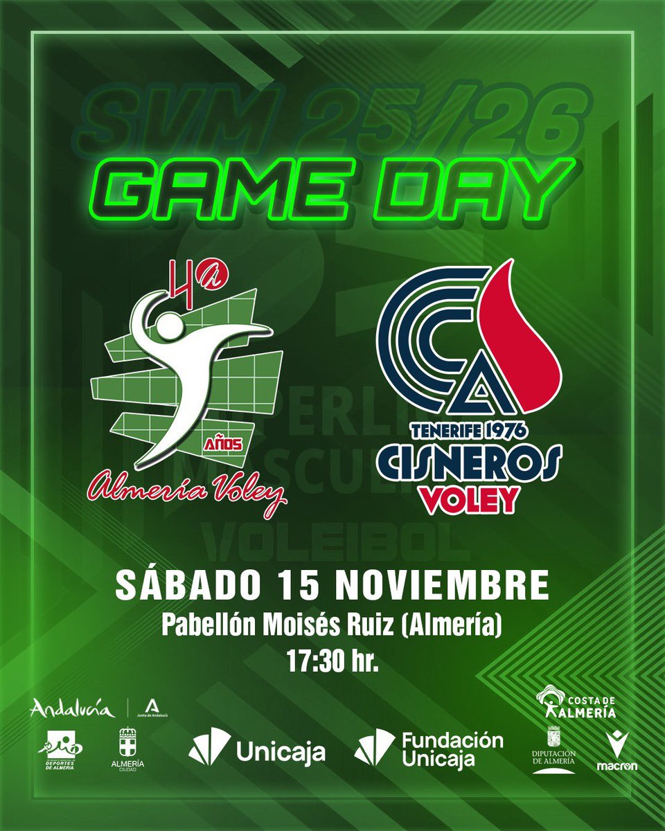 🙌 ¡DÍA DE PARTIDO! 🙌

🟢 UNICAJA COSTA DE ALMERÍA 

🆚 <a href="/cdcisnerosalter/">cdcisnerosalter</a> 

🏟 Pabellón Moisés Ruiz

📍#Almería

⏰ 17:30 hr. 

🖥 youtube.com/live/a_-Gwr0mQ…

🏆 4ª Jornada SVM

#⃣ 💚 #VAMOSVERDES

#⃣ 🏐 #SomosVoleibol

#Unicaja #Almeria #Almería #UnicajaAlmeria #UnicajaAlmería