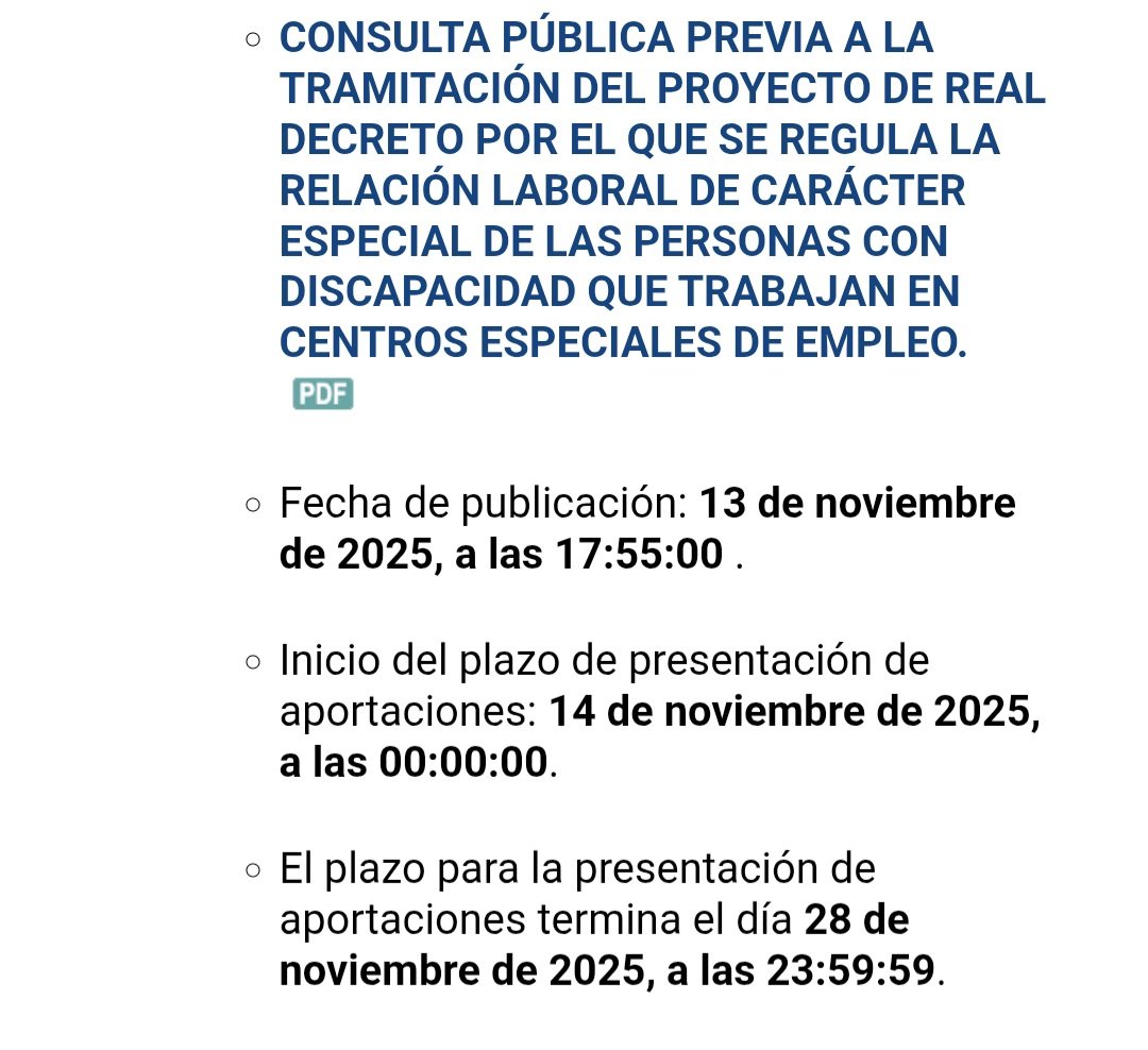 Abrimos la Consulta Pública Previa para tramitar el Real Decreto que regula la relación laboral de carácter especial de las personas con discapacidad que trabajan en los Centros Especiales de Empleo.

Toda la información 👇

expinterweb.mites.gob.es/participa/list…