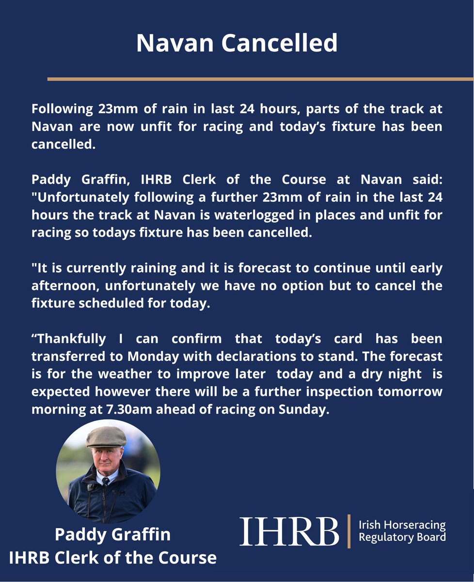 IHRBRaceday's tweet photo. ⚠️ @NavanRacecourse Cancelled https://t.co/dwtzdkT6mg