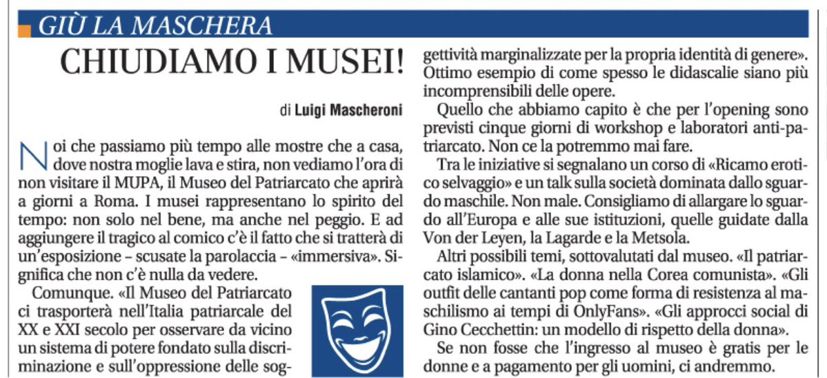 LuigiMascheroni's tweet image. Non prendete impegni. Tra pochi giorni a a Roma apre il MUPA, il Museo del Patriarcato. Ci vediamo tutti lì!