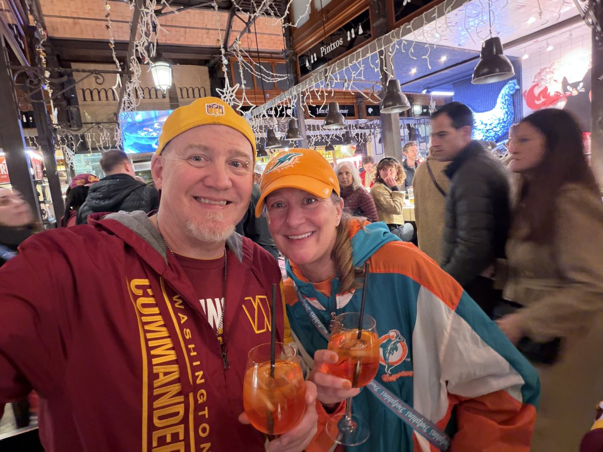 Had a great 1st day in Madrid! Gave away over 100 of each team’s bracelets. Still have a couple hundred more for today &amp; tomorrow. If you see us around, hit us up!  #RaiseHail  #PhinsUp