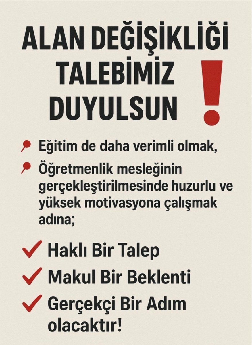 <a href="/ogretmenx/">ÖğretmenX.com</a> <a href="/tcmeb/">Millî Eğitim Bakanlığı</a> <a href="/Yusuf__Tekin/">Yusuf Tekin</a> @mebalandgskligi HAK 
EMEK 
ADALET gerçekten önemliyse Takvime Sıra
ALAN DEĞİŞİKLİĞİNDE!
#KısıtlamasızAlanDeğişikliği <a href="/Yusuf__Tekin/">Yusuf Tekin</a> <a href="/cftcblnt/">Bülent ÇİFTCİ</a> <a href="/_aliyalcin_/">Ali YALÇIN</a> <a href="/talatyavuz29/">Talat YAVUZ</a> <a href="/CBegitimogretim/">TCCB EĞİTİM VE ÖĞRETİM POLİTİKALARI KURULU</a> <a href="/tcmeb/">Millî Eğitim Bakanlığı</a> <a href="/TalipGeylan06/">Talip Geylan</a> <a href="/RamazanCakirci/">Ramazan Çakırcı</a>  <a href="/turanakpinar/">Turan AKPINAR</a> <a href="/orhankutuk41/">Orhan KÜTÜK</a> <a href="/EgitimBirSen/">Eğitim-Bir-Sen</a> #AlanDeğişikliği2025