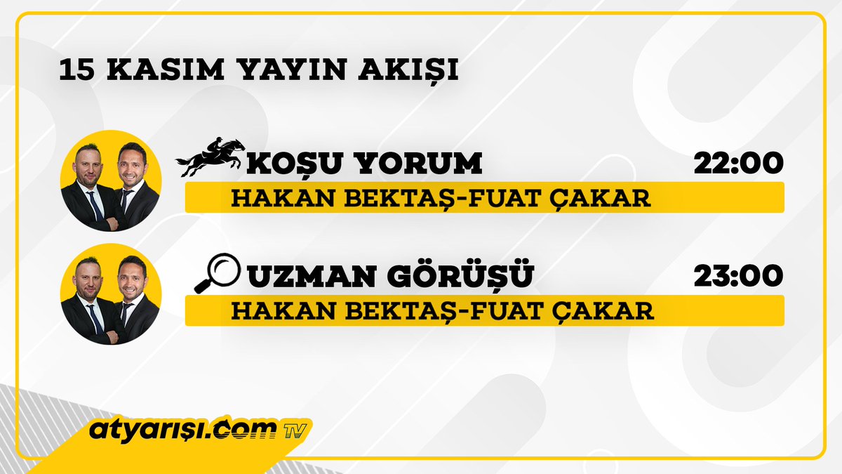 BU AKŞAMIN YAYIN PROGRAMI;

🐴 Saat 22:00’de günün koşularının değerlendirildiği KOŞU YORUM

🐴 Saat 23:00’te bir sonraki günün değerlendirildiği UZMAN GÖRÜŞÜ 

<a href="/hakanbektas34/">hakan B.</a> <a href="/FuatCakar796/">Fuat çakar</a> 
 
Kanala Abone Olmak İçin --&gt; youtube.com/@atyarisi_com