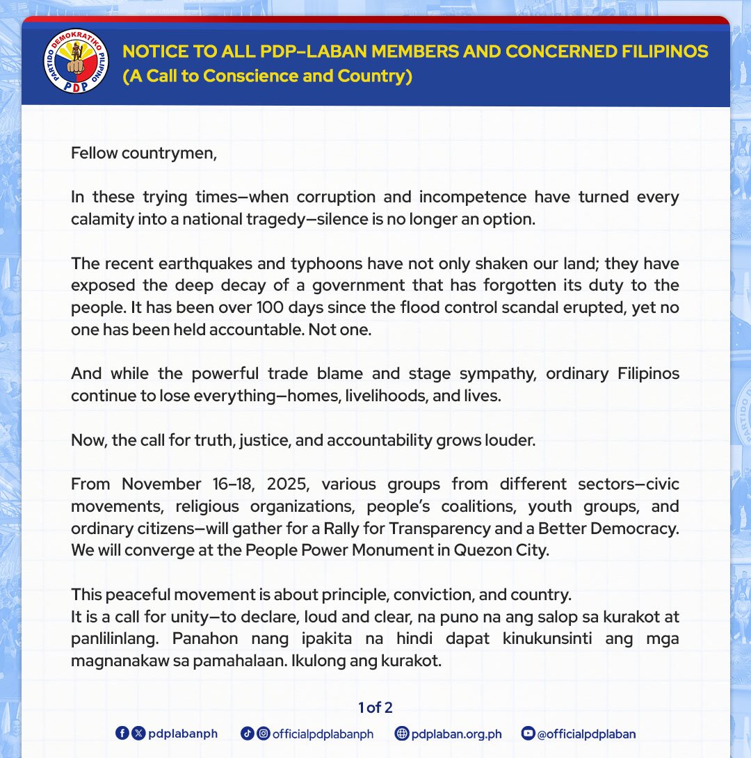 News5PH's tweet image. PDP LABAN: ‘SILENCE IS NO LONGER AN OPTION’ 

Hinikayat ng Partido Demokratiko Pilipino Lakas ng Bayan (PDP Laban) ang mga Pilipino na dumalo sa kilos-protesta ng Iglesia ni Cristo sa Nov. 16 hanggang Nov. 18. 

“It is a call for unity—to declare, loud and clear, na puno na ang…