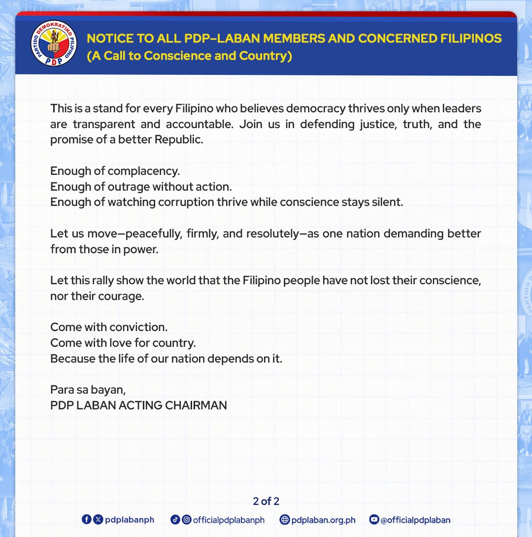 News5PH's tweet image. PDP LABAN: ‘SILENCE IS NO LONGER AN OPTION’ 

Hinikayat ng Partido Demokratiko Pilipino Lakas ng Bayan (PDP Laban) ang mga Pilipino na dumalo sa kilos-protesta ng Iglesia ni Cristo sa Nov. 16 hanggang Nov. 18. 

“It is a call for unity—to declare, loud and clear, na puno na ang…