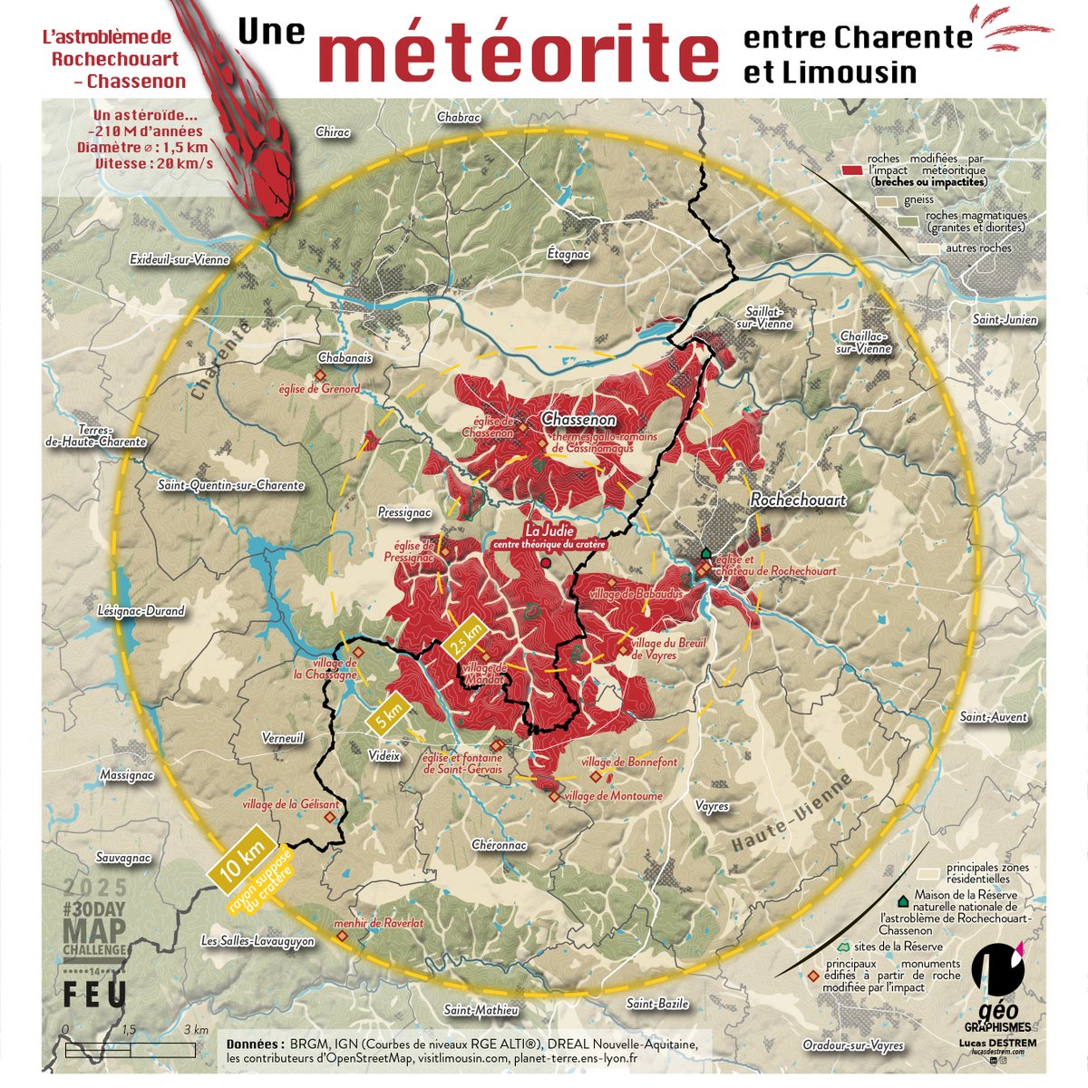 #30DayMapChallenge 🗺️, jour 15 : Feu ! 🔥
L'astroblème de Rochechouart-Chassenon... Souvenir de l'impact d'un astéroïde d'1,5 km de diamètre, tombé il y a plus de 200 millions d'années entre Charente et Limousin. 20 km/s : imaginez la puissance ! 💥