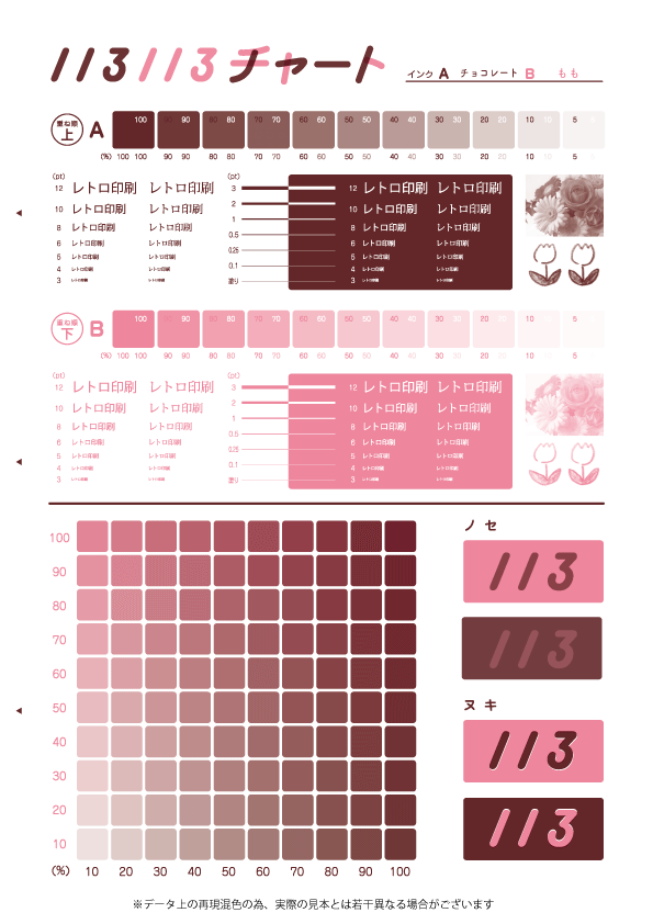限定インク『チョコレート』混色見本①🎨
期間限定、在庫限りのレトロ印刷限定インク！今月からは新色チョコレート🍫に切り替わっております。名前がチョコレートなので掛け合わせもおいしそうなモノをイメージしてみました🤤

・カラーチャート①
チョコレート×橙（チョコバナナ）
