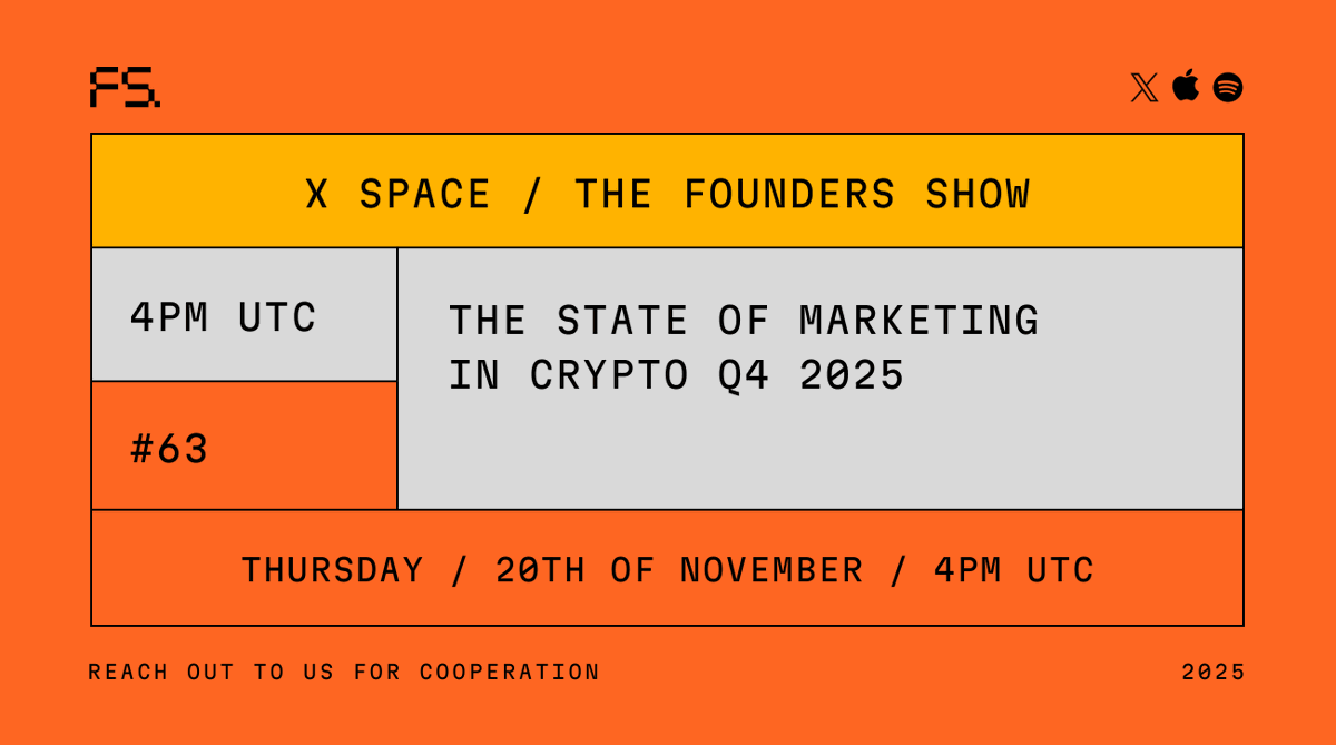 FoundersShow's tweet image. 🎙The Founders Show 63: The State of Marketing in Crypto Q4 2025

- Product-led, founder-led, and nobody-led marketing
- The effect of InfoFi on marketing in crypto
- Building community for years

Join us next week:

📅 Thur, 20th of November, 4pm UTC

📍x.com/i/spaces/1jMJg…
