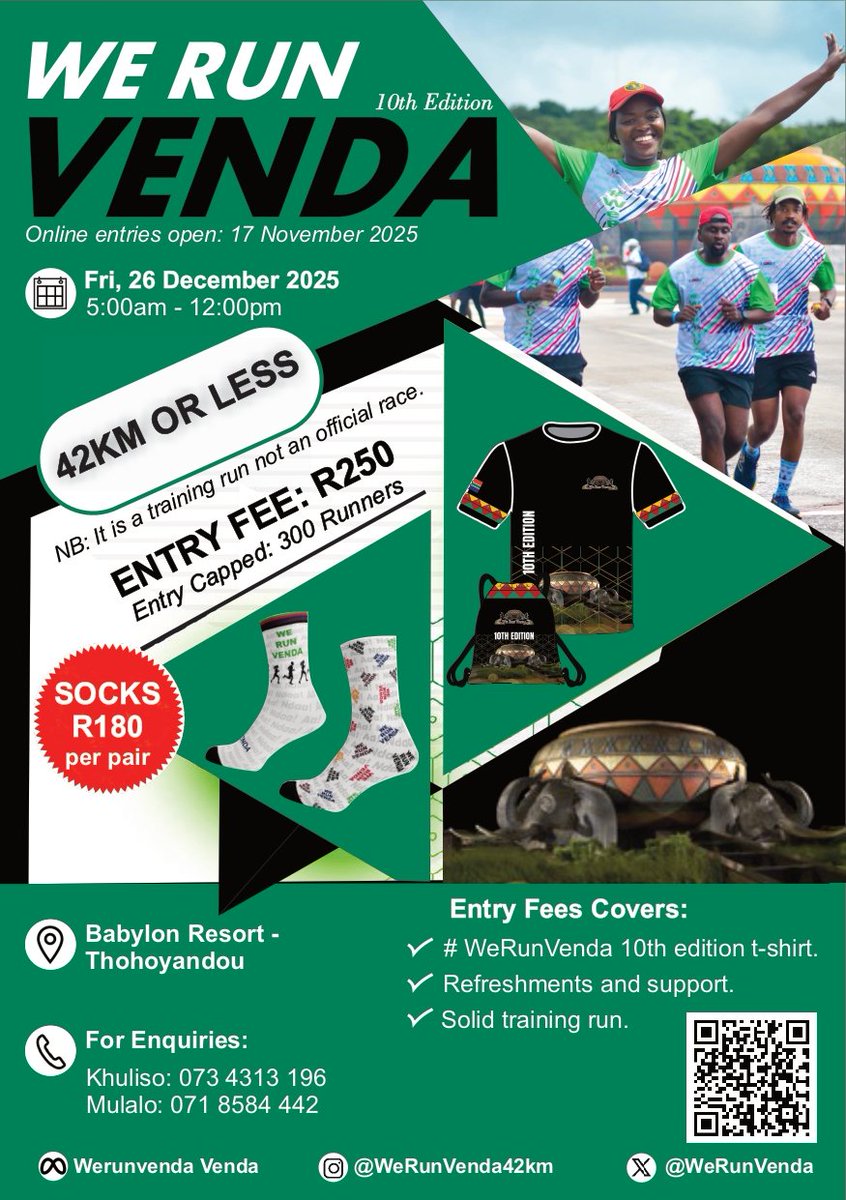 WeRunVenda's tweet image. The 10th Edition of #Werunvenda is on the way..! 🔥 . Tag your running buddies 😊. 

REGISTRATION OPENING MONDAY 17 NOV 2025 @ 06:00. 

⚠️ ITS A TRAINING RUN not an OFFICIAL RACE.

#VisitVenda #10thedition #trainingrun
