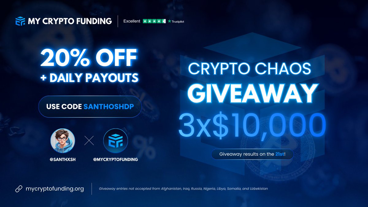 🎁CRYPTO CHAOS 3 × $10,000 Giveaway🎁

20% OFF + Daily Payouts is LIVE!

Use my special promo code: SANTHOSHDP

Rules:

1️⃣Follow <a href="/santhxsh/">santhosh</a> <a href="/MyCryptoFunding/">My Crypto Funding</a>  
2️⃣Like &amp; Retweet
3⃣ Tag 3 friends

Winners will be announced on Nov 21