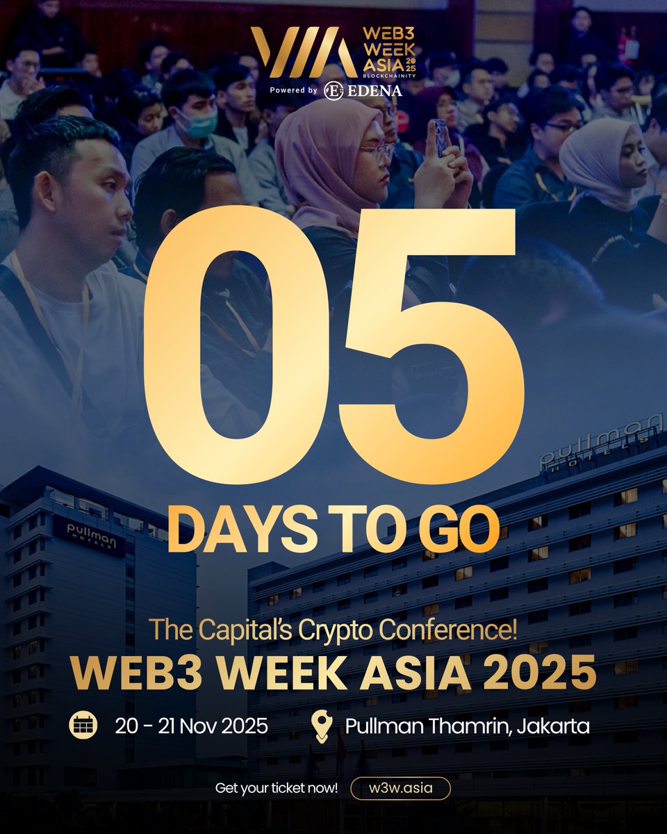 W3WOfficial's tweet image. 5 Days Left Until Web3 Week Asia 2025 ⌛️

The countdown is officially on.

📍 Jakarta | 20–21 November 2025
🎟️ Reserve your seat at w3w.asia