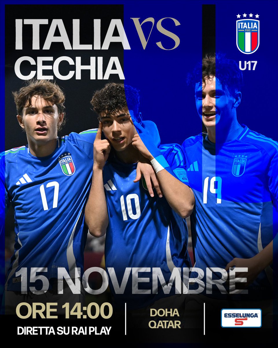 Azzurri's tweet image. 𝗠𝗼𝗻𝗱𝗶𝗮𝗹𝗲 𝗨𝟭𝟳

⚽️ Tra poche ore contro la Cechia ci giochiamo il passaggio agli Ottavi del Mondiale. Forza Ragazzi! 💙🔥

🇮🇹🇨🇿 Ore 14 - diretta #RaiPlay 📺

#U17WC #Azzurrini #Under17