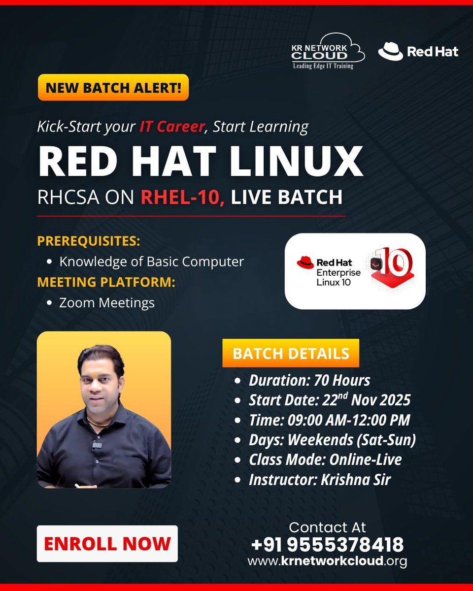 KRNetworkCloud1's tweet image. 🔥 LEVEL UP YOUR IT CAREER WITH THE LATEST RHEL 10 TRAINING

This course builds your Linux fundamentals from scratch and prepares you for real world enterprise environments 
🌐 Visit: krnetworkcloud.org

#linuxtraining #rhel10 #rhcsa #redhatlinux #linuxcertification #rhca