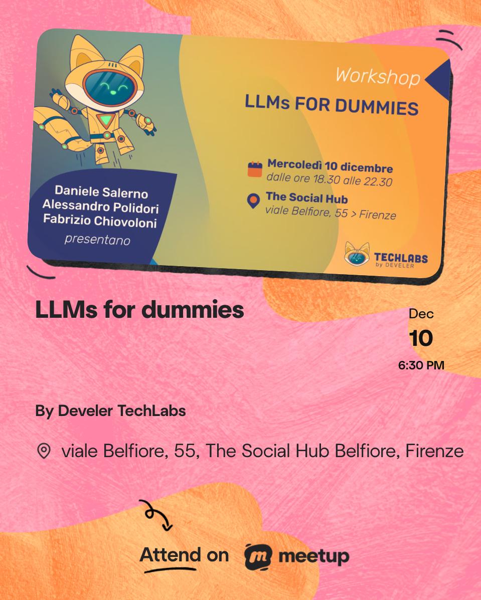 develer's tweet image. Il 10 dicembre ,i nostri colleghi Develer terranno “LLMs for dummies”, un workshop pratico pensato per chi vuole capire davvero come funzionano i Large Language Models.

Cosa aspetti? Prenota il tuo posto! meetup.com/develer-meetup…