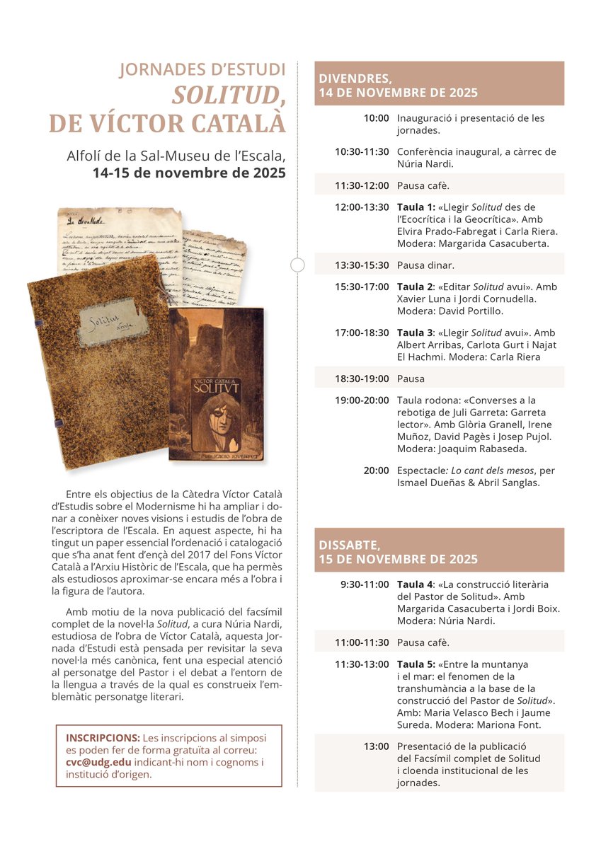 📢 #ActivitatsILCC: Avui se celebra el segon dia de les jornades d'estudi «'Solitud', de Víctor Català».

📅 14-15.11.2025
📍 Alfolí de la Sal-<a href="/museu_escala/">Museu de l'Escala</a> 
🔗 Més informació a: buff.ly/OLw0Rlf