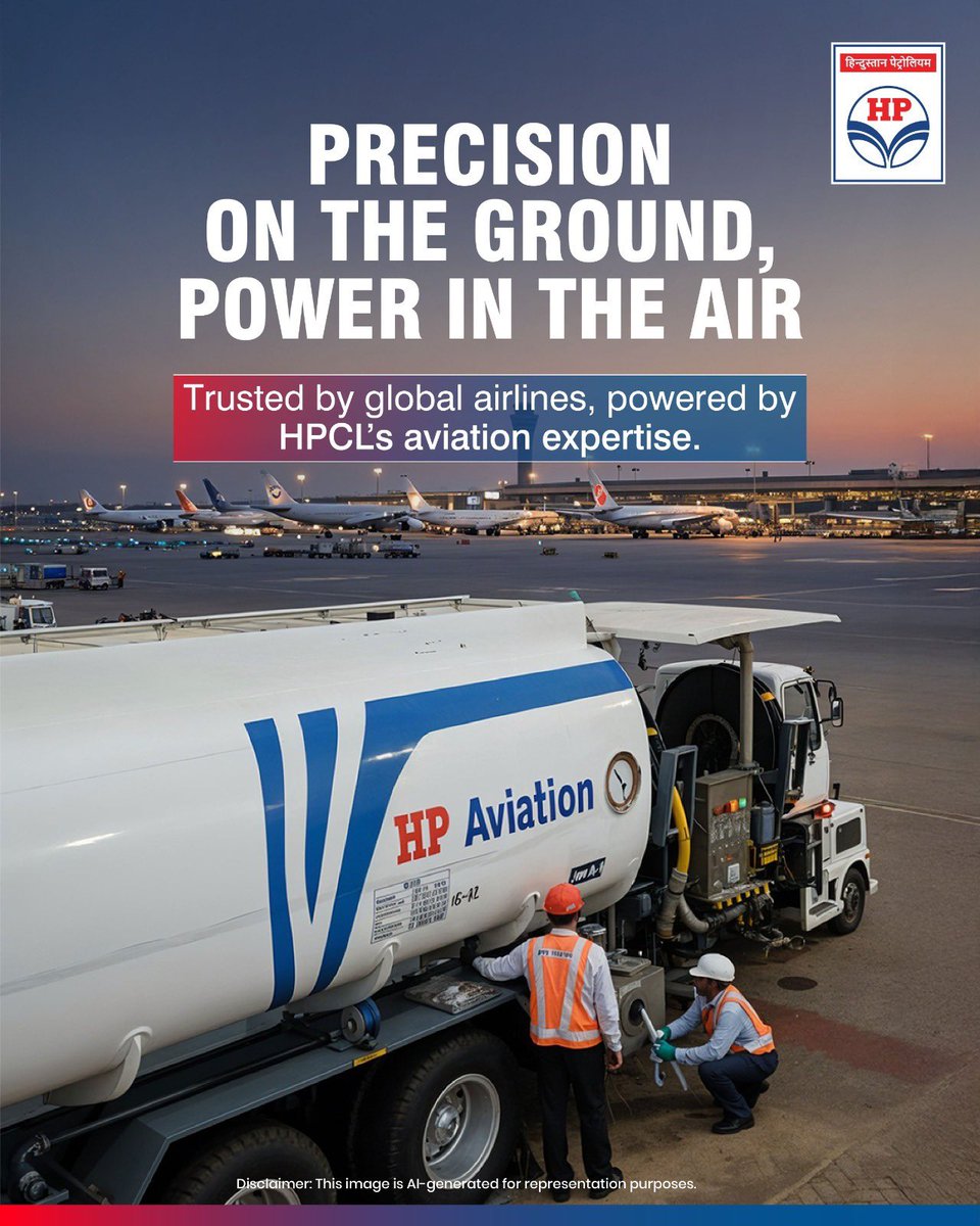 HPCL's tweet image. From airport runways to global airways, HPCL fuels journeys that connect the world. ✈️

With precision, safety, and trust — HP Aviation powers every take-off with confidence.

Flying high. Delivering Happiness worldwide.

#HPCL #HPAviation #FuelingExcellence #AviationFuel…