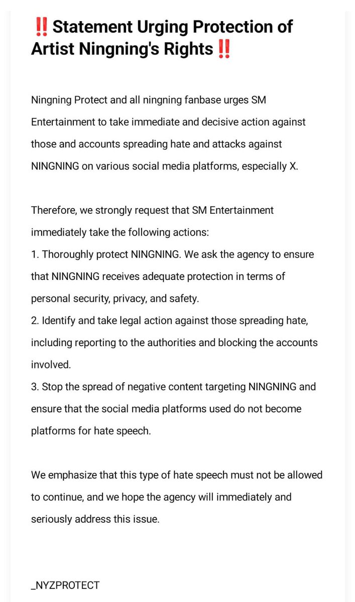 NingningGlobal's tweet image. SM should not stand by while Ningning continues to face relentless attacks and targeted smear campaign! PROTECT HER NOW‼️

SM TAKE LEGAL ACTION FOR NINGNING

#SM_PROTECT_NINGNING
#NINGNING #ニンニン @SMTOWNGLOBAL @aespa_official @aespaJPofficial