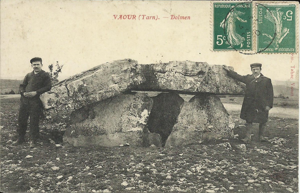 The Peyrelevade in Vaour (Tarn) is the biggest dolmen in the département. The 4x2.9m capstone had broken in two by late C19 as had one of the 2 broad (3.7 and 3.5m wide) orthostats as shown on this card by Guilhem c. 1905.