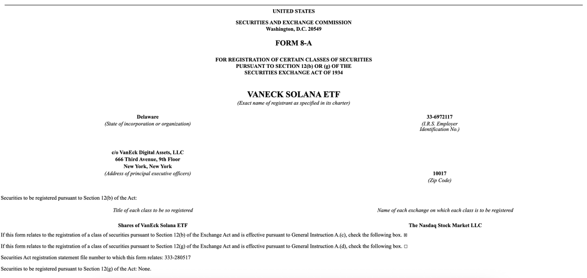 solana_daily's tweet image. 🚨 VanEck Files Form 8-A for Solana Spot ETF
@vaneck_us  has submitted a Form 8-A to the SEC for its Solana spot ETF - a move that typically signals launch is imminent. These filings are often followed by trading going live as soon as the next day.