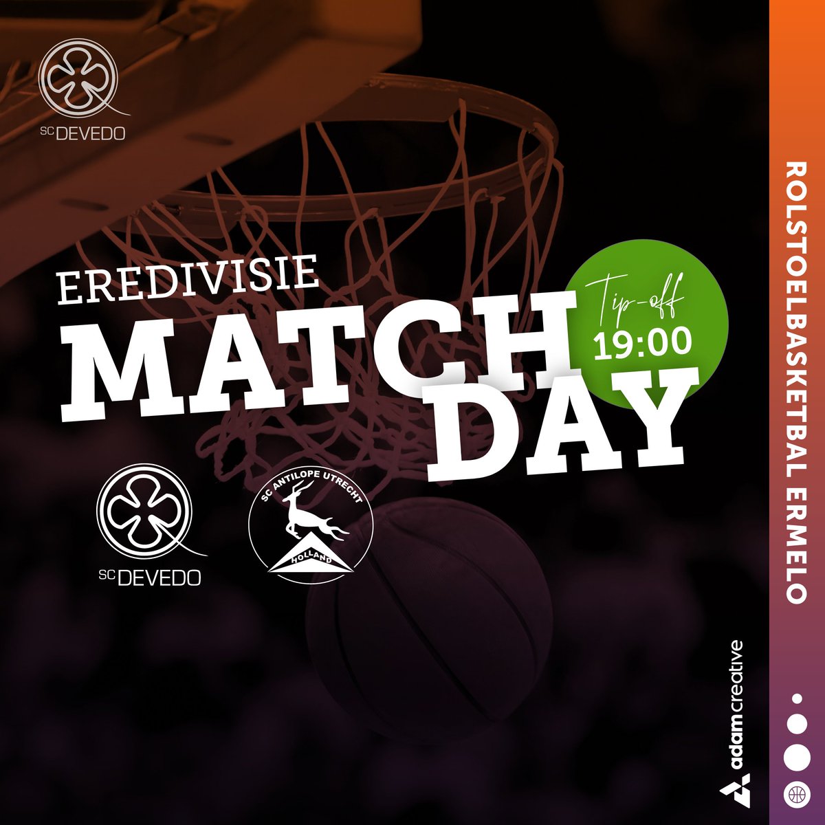 #MATCHDAY Vandaag speelt s.c. DeVeDo 1 de eerste Eredivisie wedstrijd van het seizoen tegen SC Antilope 1. 
#rolstoelbasketbal #Eredivisie

🕖 19:00 uur
📍Sportcentrum Zanderij, Ermelo