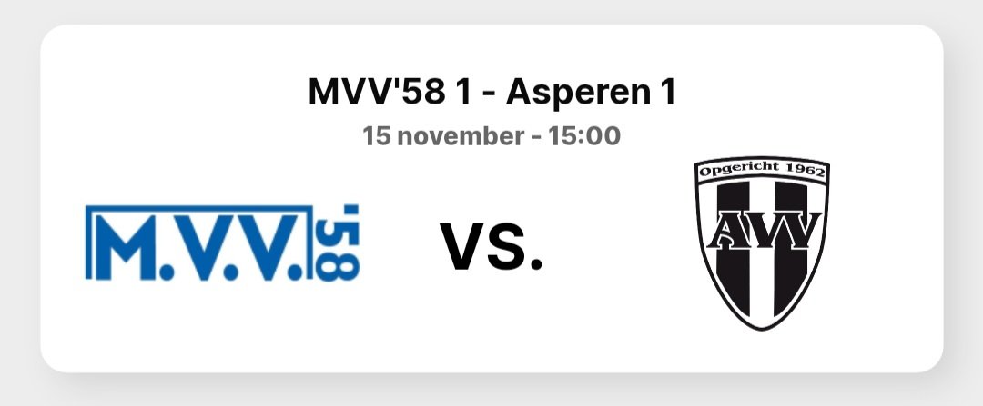Vanmiddag de uitwedstrijd tegen MVV'58 Meteren.
Aanvang 15.00uur 
<a href="/MVV_58/">MVV_58</a> - <a href="/vvAsperen/">vv Asperen</a>